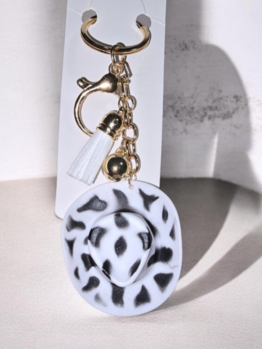 Gold-Tone Leopard Print Hat Keychain - White/Black